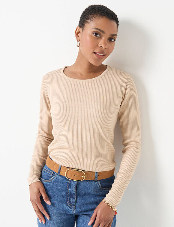 Pull col rond manches longues maille côtelée (grège) Pull col rond manches longues maille côtelée (grège)